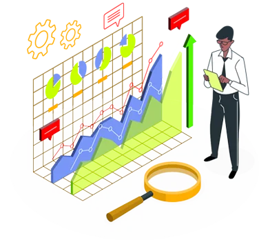 info-graphics of A man standing in-front of data chart