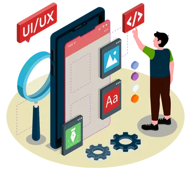 a illustration of man standing next to a phone, and work on UX/UI Design