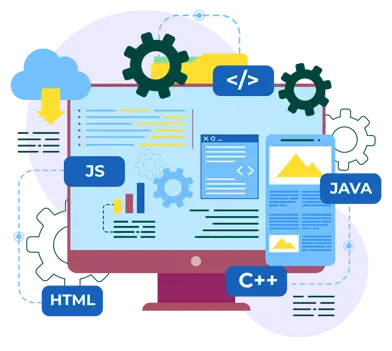 a computer screen with gears and codes icons