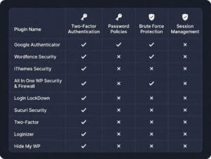 Table comparing features like easy setup and fallback options across various WordPress 2FA plugins
