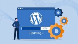 Illustration showing a person monitoring a WordPress software update and wordpress security with gears in the background