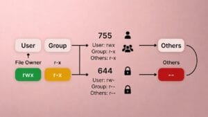 Diagram explaining 644 file permissions with user, group, and others categories