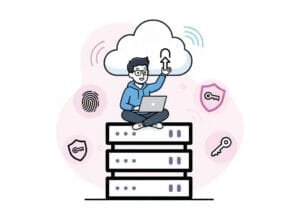 Cartoon of a person with laptop on stacked servers connected to cloud