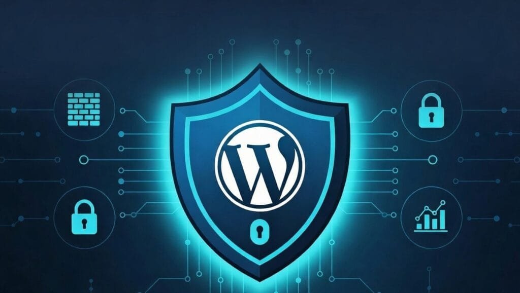 Digital illustration of a red shield enclosing the WordPress 'W' logo, surrounded by security icons like locks and keys on a blue circuit-like background
